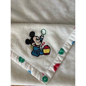 Vintage Disney Babies Mickey Mouse Embroidered White Fleece Blanket 35x45